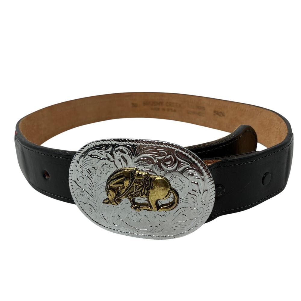 Brushy Creek Western Leather Red Textile Belt Horse Head Engraved Buckle Sz 30